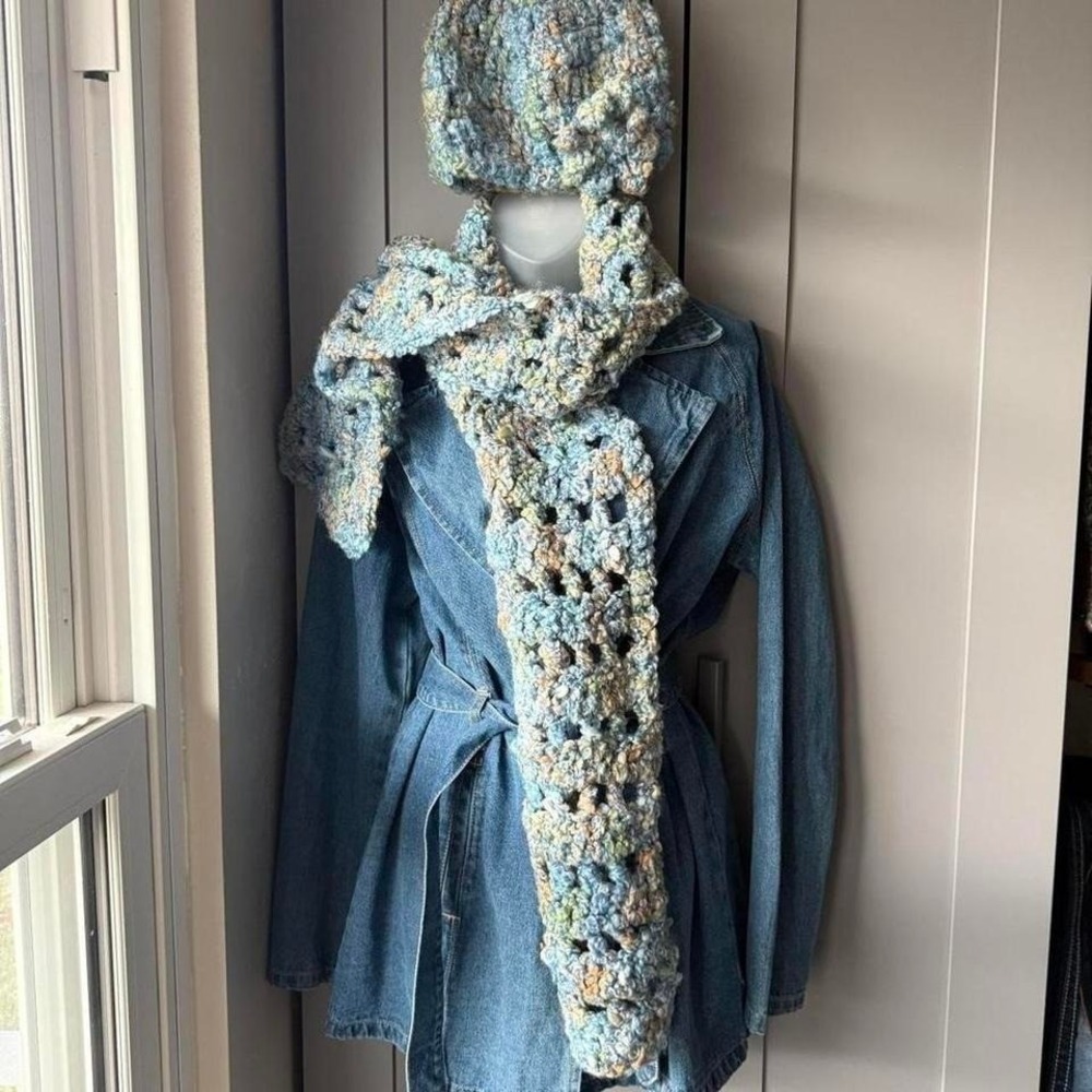 Crochet Hat & Scarf Set Blue Multi One Size
